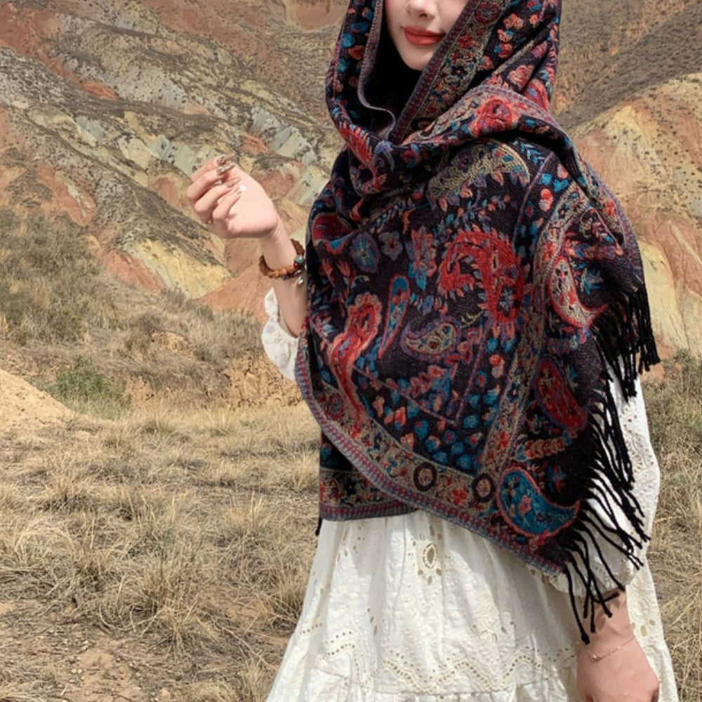 Châle poncho d’hiver à motif cachemire