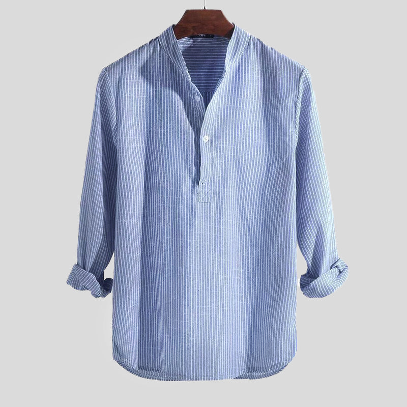Chemise à col tunisien à manches longues à rayures pour homme
