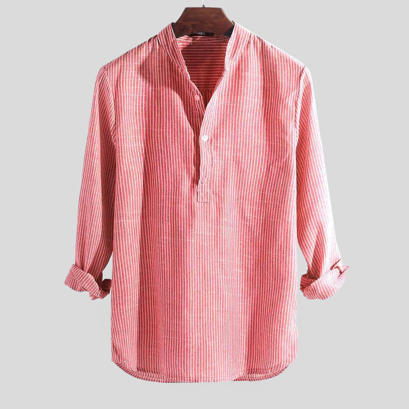 Chemise à col tunisien à manches longues à rayures pour homme