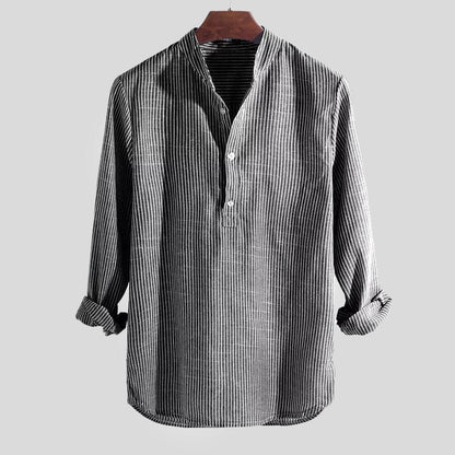 Chemise à col tunisien à manches longues à rayures pour homme