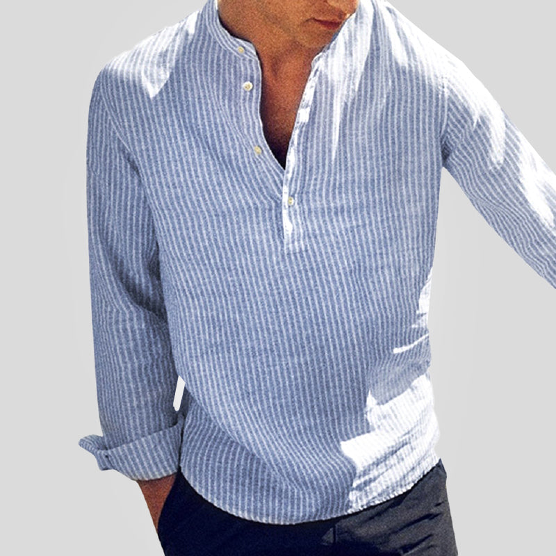 Chemise à col tunisien à manches longues à rayures pour homme