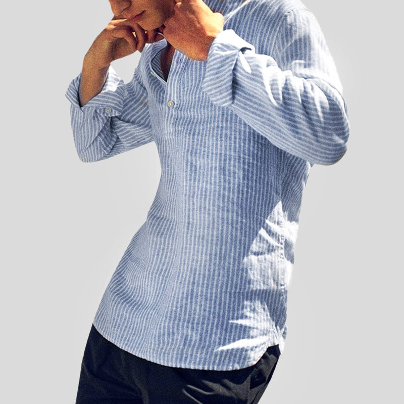 Chemise à col tunisien à manches longues à rayures pour homme