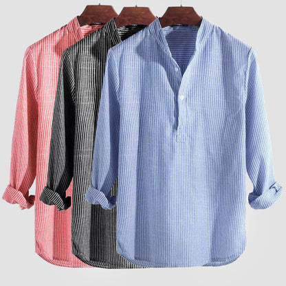 Chemise à col tunisien à manches longues à rayures pour homme