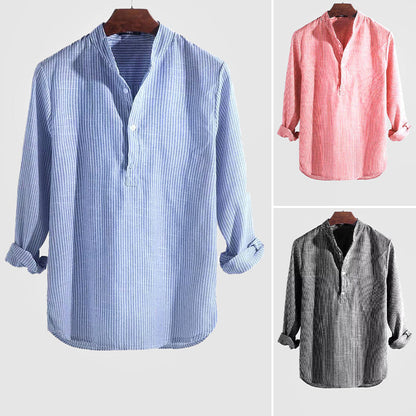 Chemise à col tunisien à manches longues à rayures pour homme