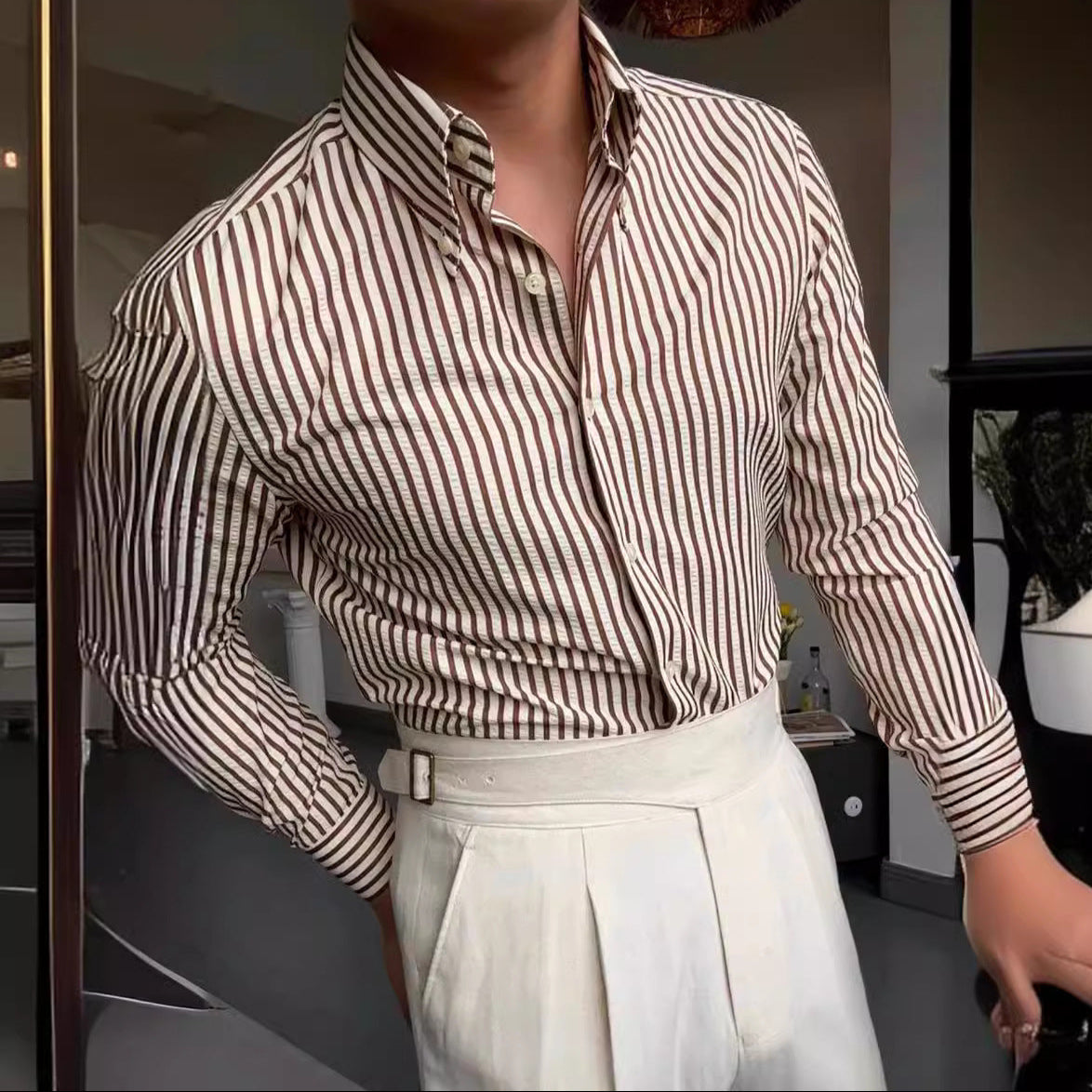 Chemise à rayures à manches longues pour homme, boutonnée