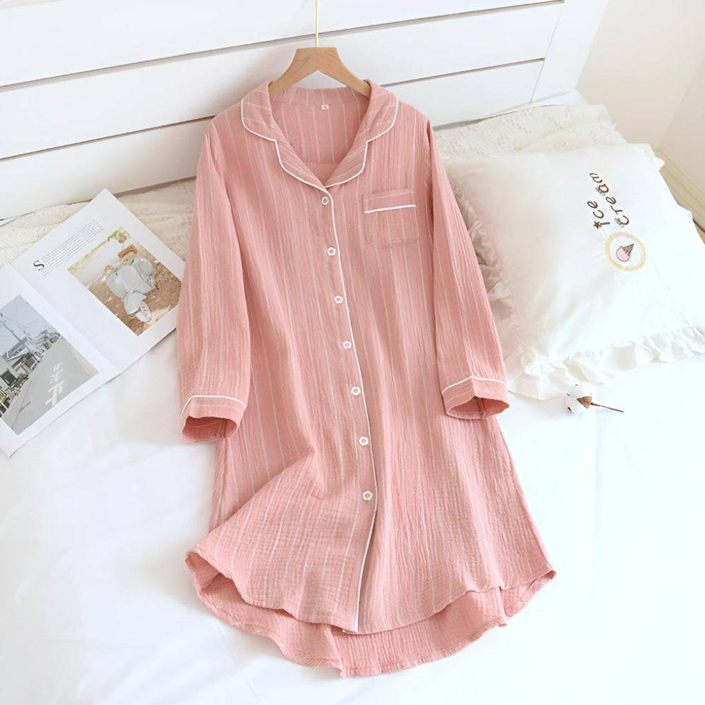 Chemise de nuit femme légère à rayures en gaze de coton