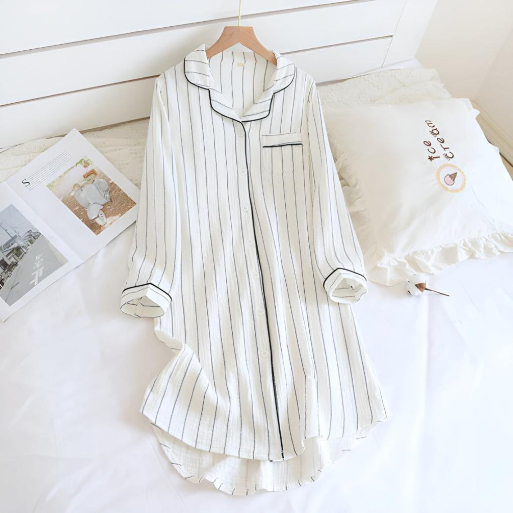 Chemise de nuit femme légère à rayures en gaze de coton