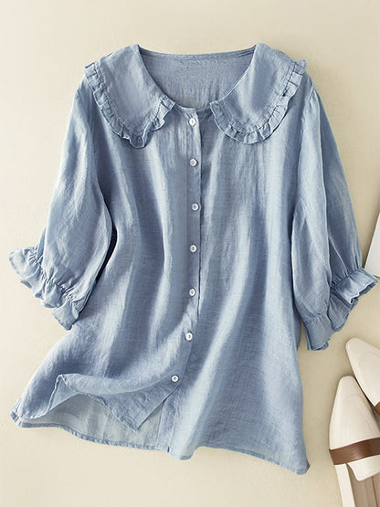 Chemise élégante en coton pour femme, col à volants, coupe ample