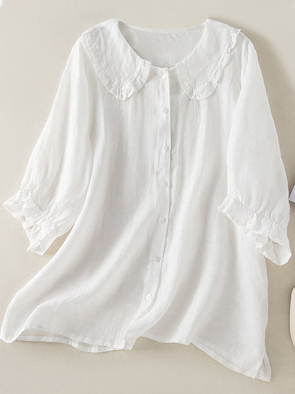Chemise élégante en coton pour femme, col à volants, coupe ample