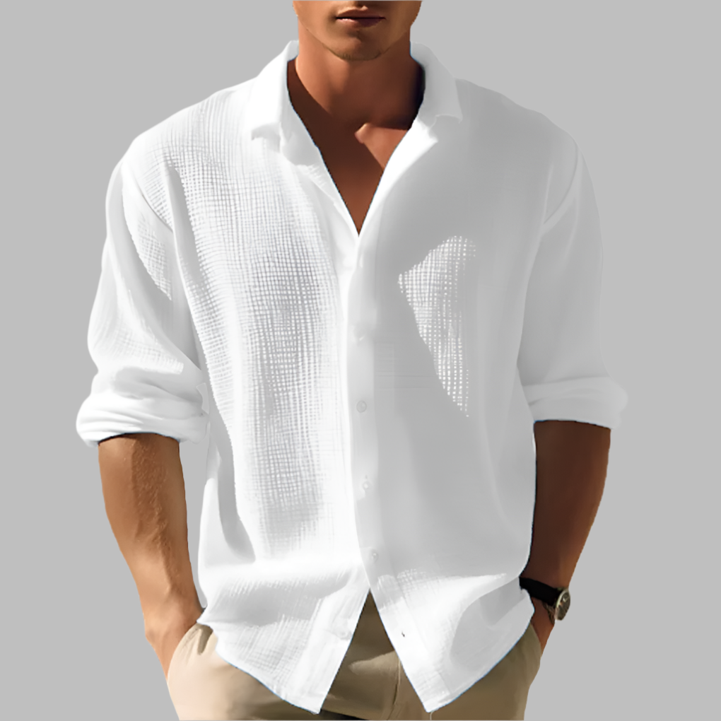 Chemise en coton-lin texturée à col pour homme