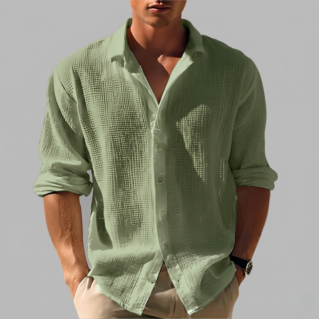 Chemise en coton-lin texturée à col pour homme
