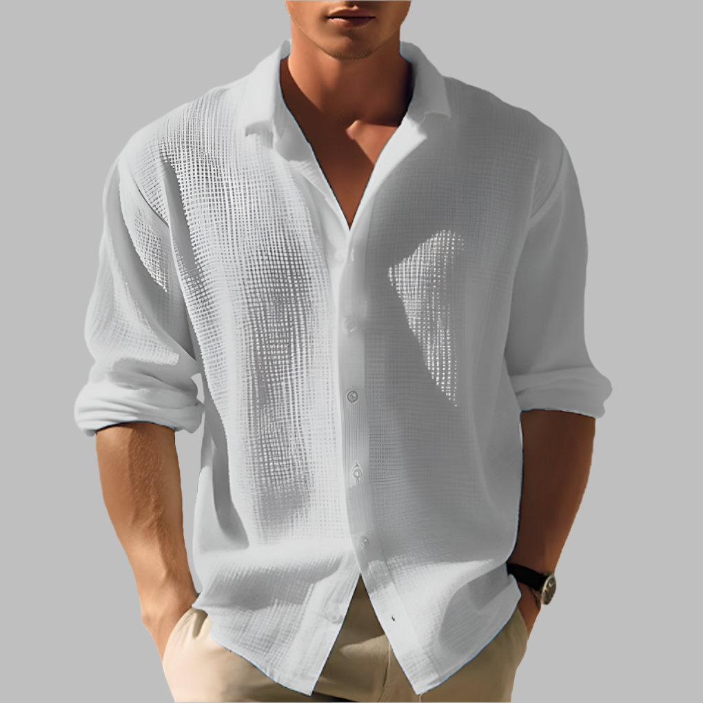 Chemise en coton-lin texturée à col pour homme