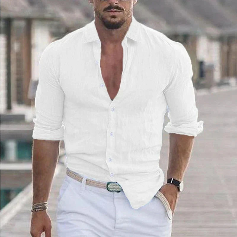 Chemise homme en lin à col rabattu