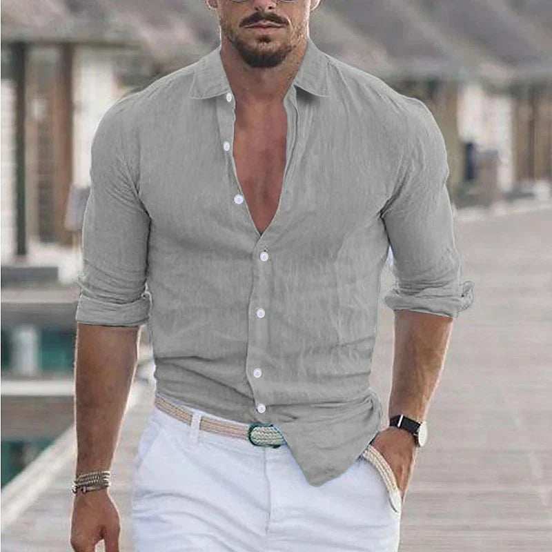 Chemise homme en lin à col rabattu