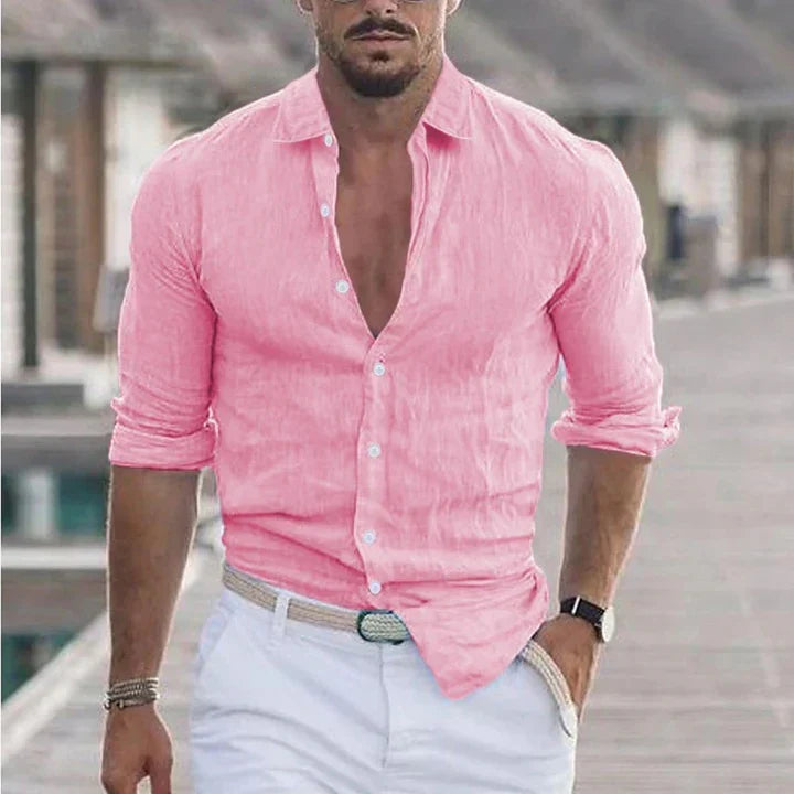 Chemise homme en lin à col rabattu
