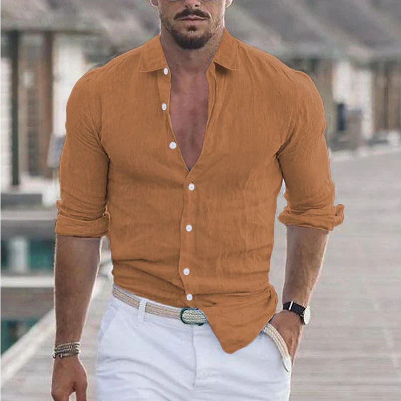 Chemise homme en lin à col rabattu