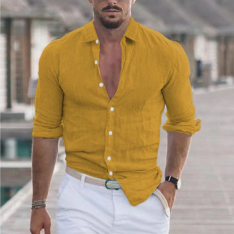 Chemise homme en lin à col rabattu