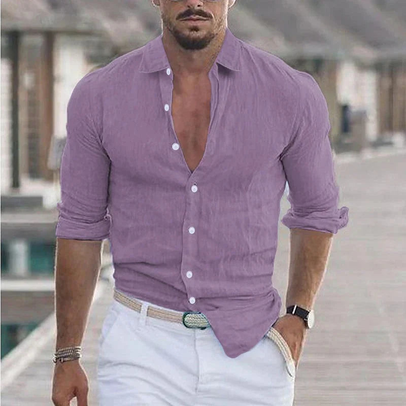 Chemise homme en lin à col rabattu