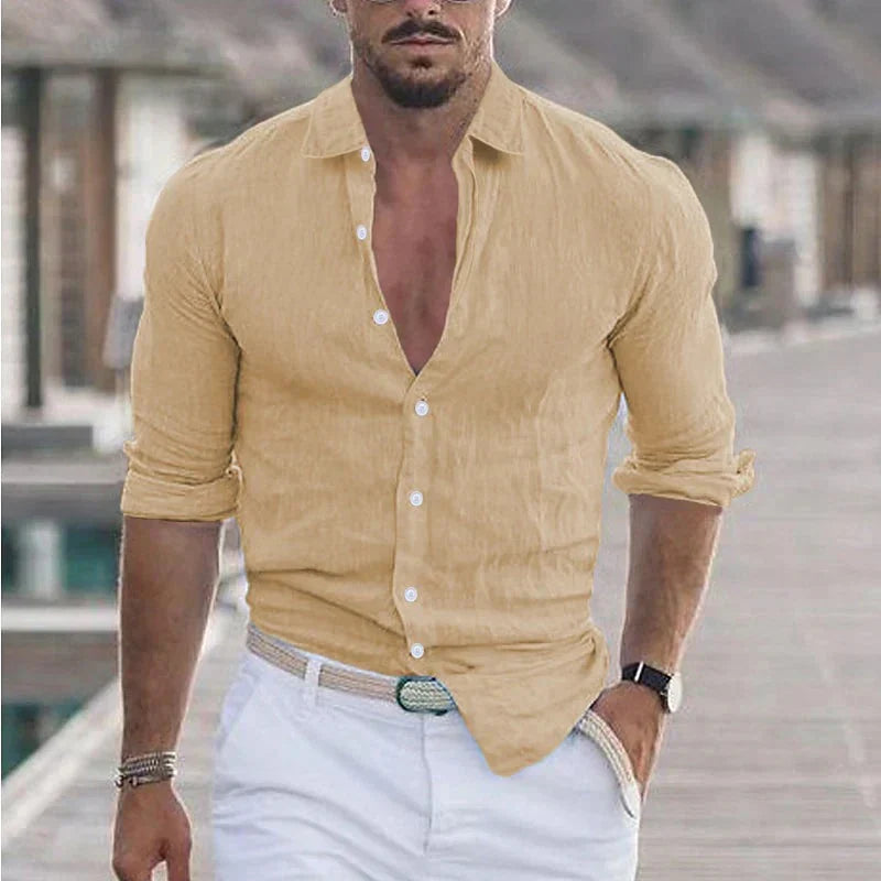 Chemise homme en lin à col rabattu