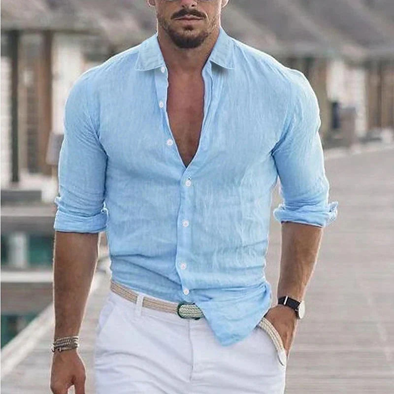 Chemise homme en lin à col rabattu