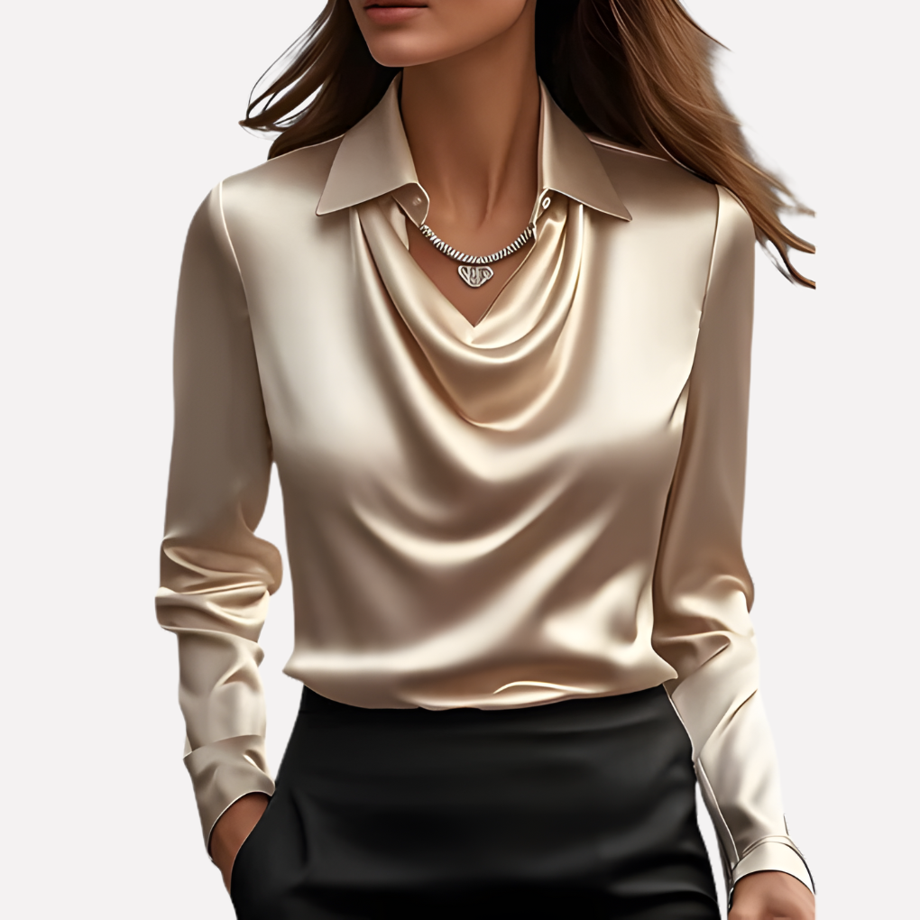 Chemisier femme en satin à col drapé élégant