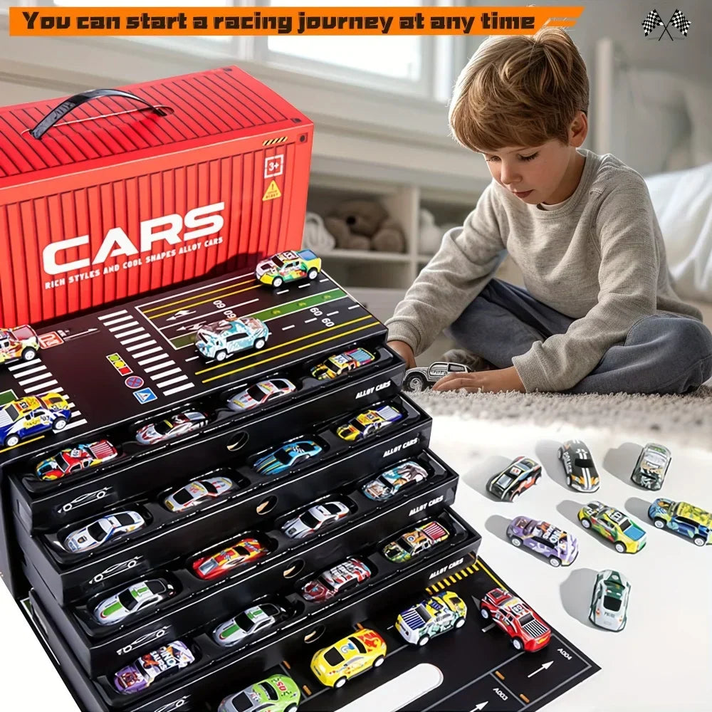 Coffret 48 pièces de voitures de course ultra-rapides avec circuit pour enfants