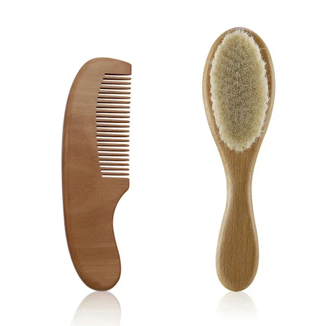 Coffret de brosses à cheveux pour bébé en bois et laine naturelle, doux pour nouveau-né