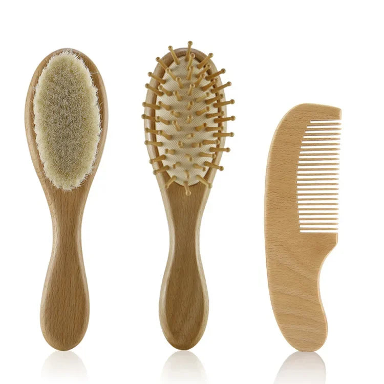 Coffret de brosses à cheveux pour bébé en bois et laine naturelle, doux pour nouveau-né