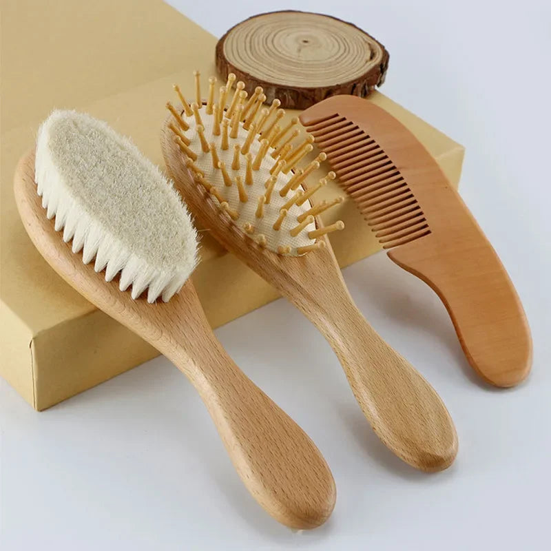 Coffret de brosses à cheveux pour bébé en bois et laine naturelle, doux pour nouveau-né