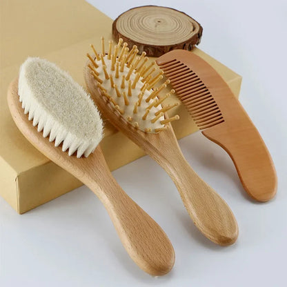 Coffret de brosses à cheveux pour bébé en bois et laine naturelle, doux pour nouveau-né