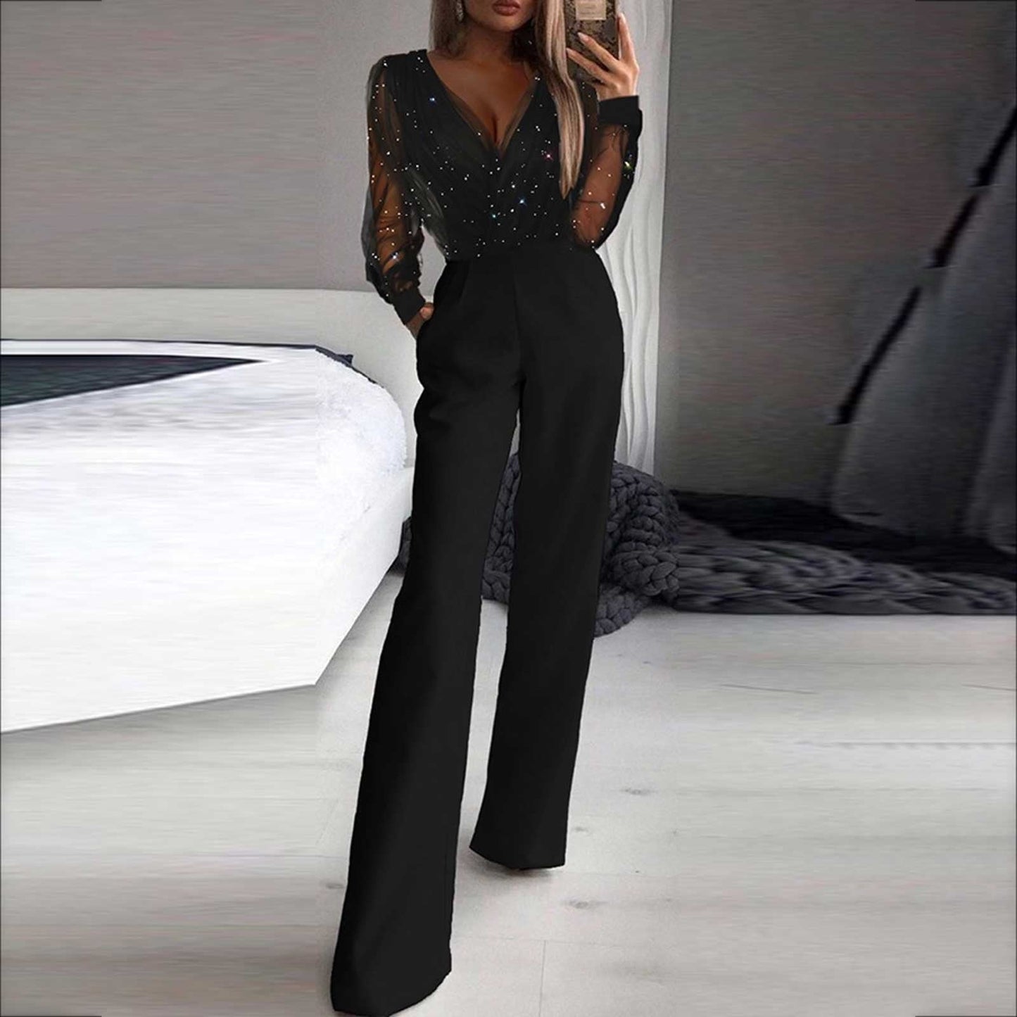 Combinaison femme à manches longues et jambes larges