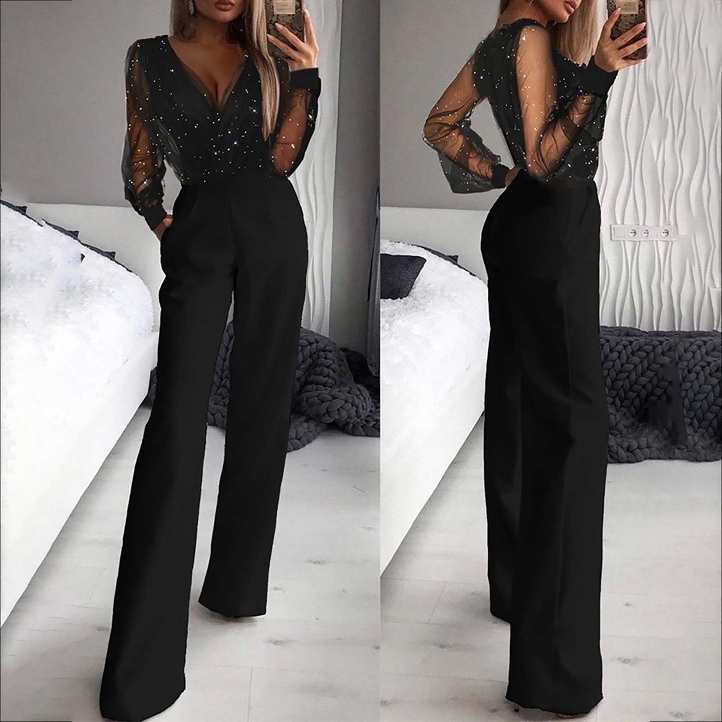 Combinaison femme à manches longues et jambes larges