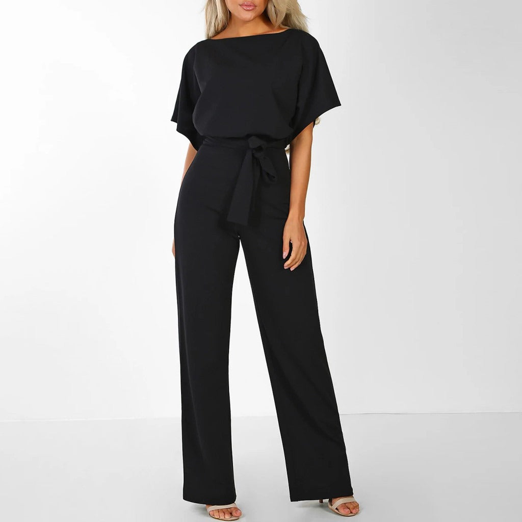 Combinaison pantalon femme à jambes larges, ceinturée, manches courtes