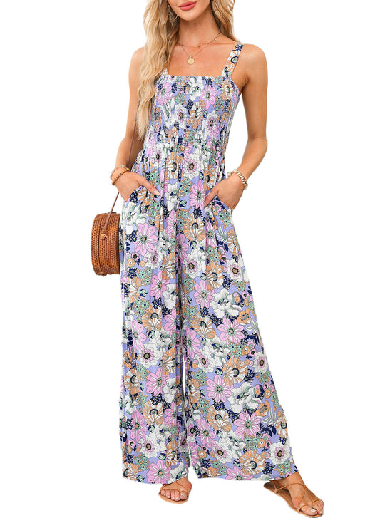 Combinaison pantalon femme à jambes larges fleurie smockée