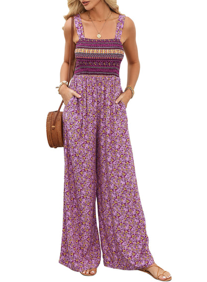 Combinaison pantalon femme à jambes larges fleurie smockée