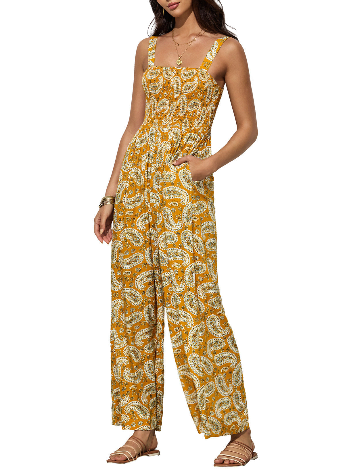Combinaison pantalon femme à jambes larges fleurie smockée
