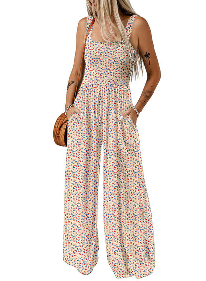 Combinaison pantalon femme à jambes larges fleurie smockée