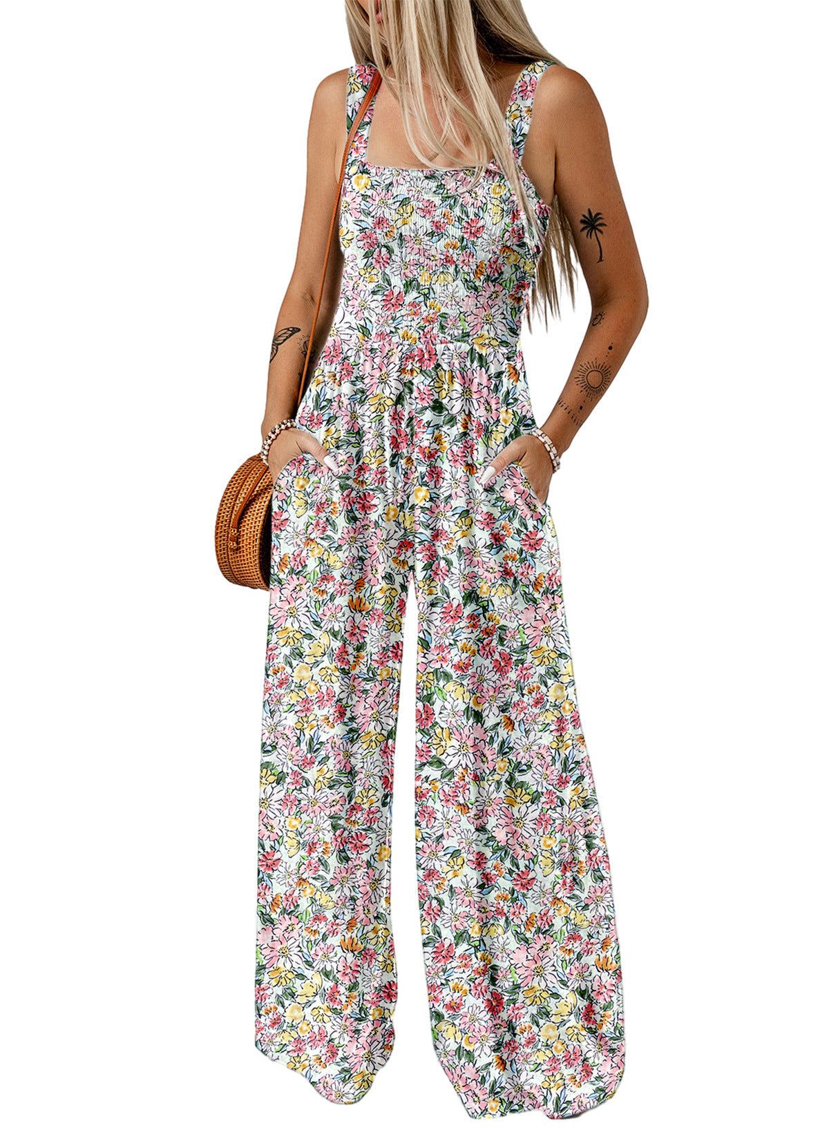 Combinaison pantalon femme à jambes larges fleurie smockée