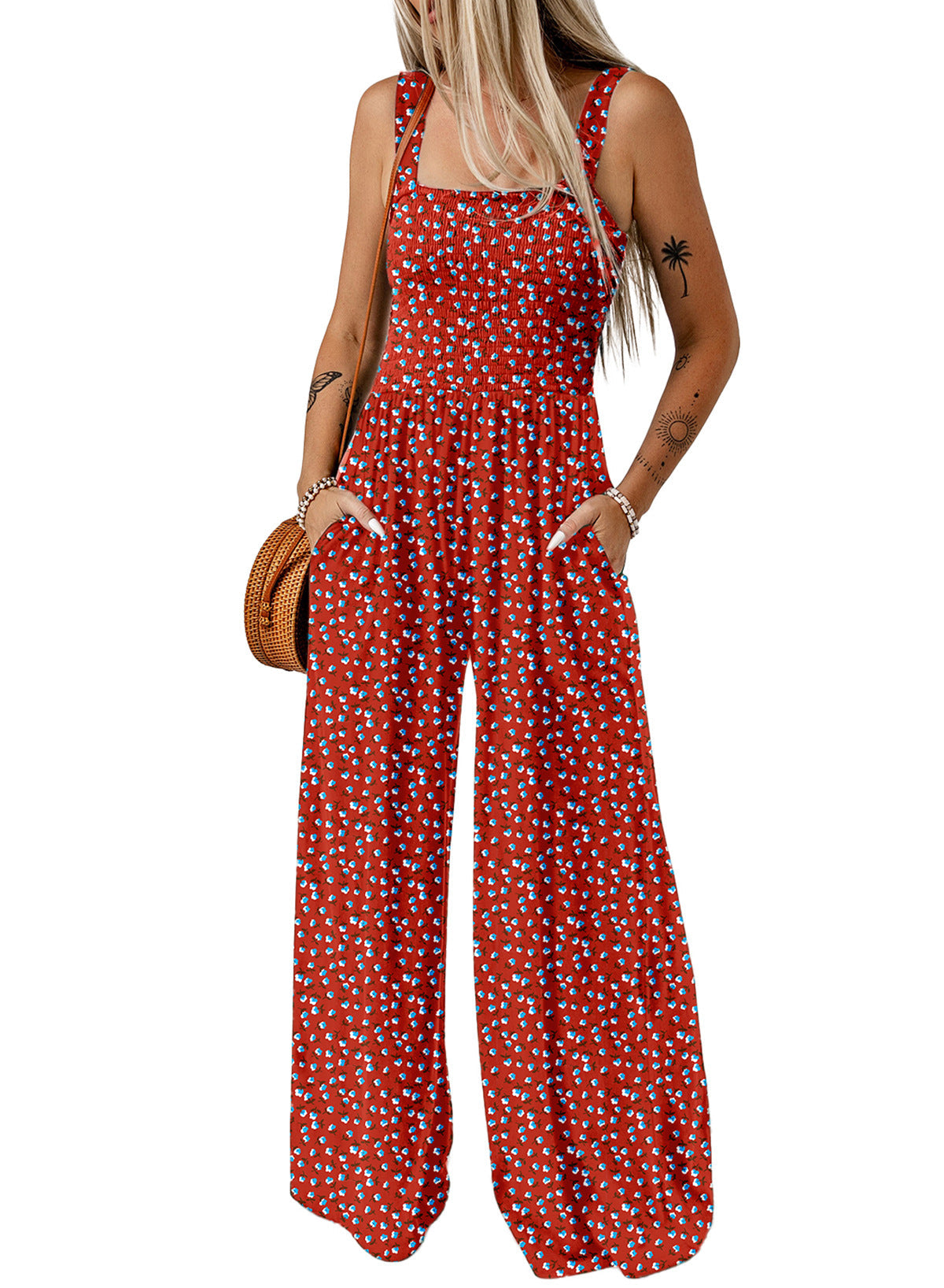 Combinaison pantalon femme à jambes larges fleurie smockée