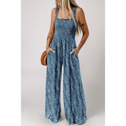 Combinaison pantalon femme à jambes larges fleurie smockée