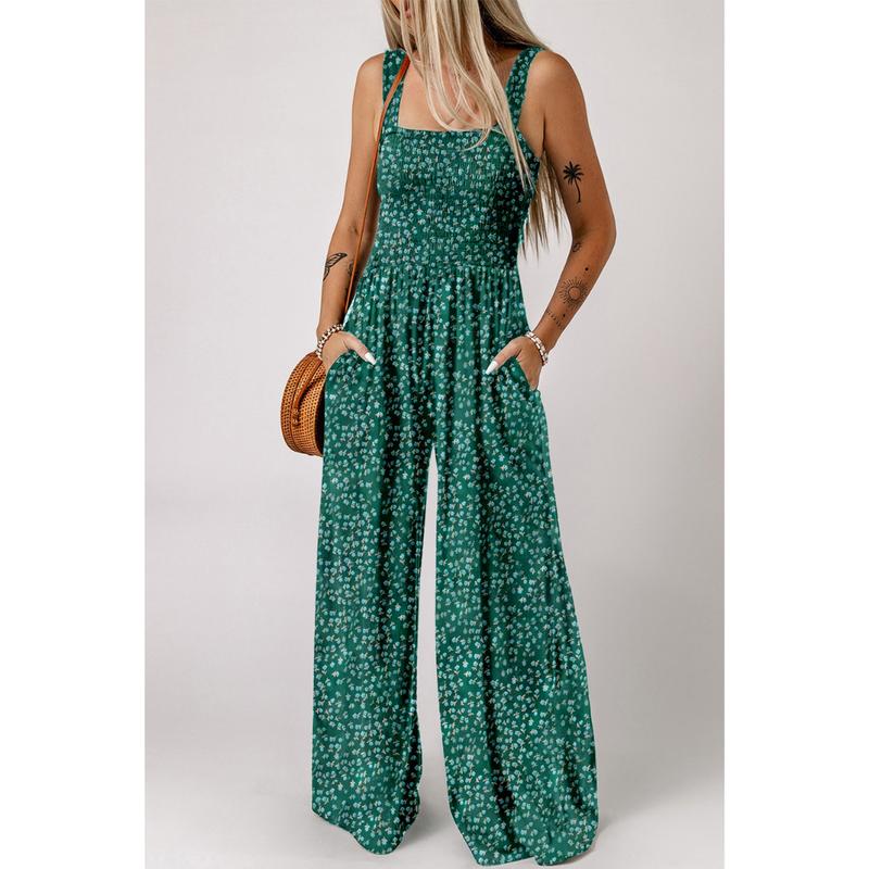 Combinaison pantalon femme à jambes larges fleurie smockée