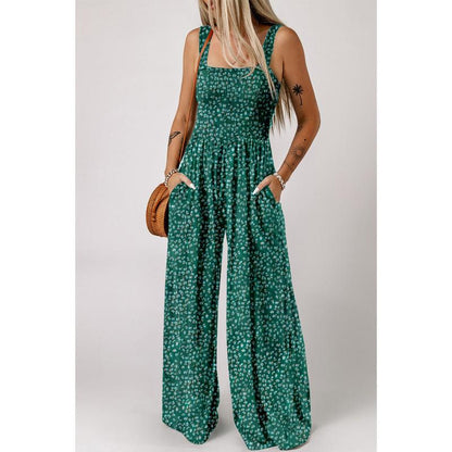 Combinaison pantalon femme à jambes larges fleurie smockée