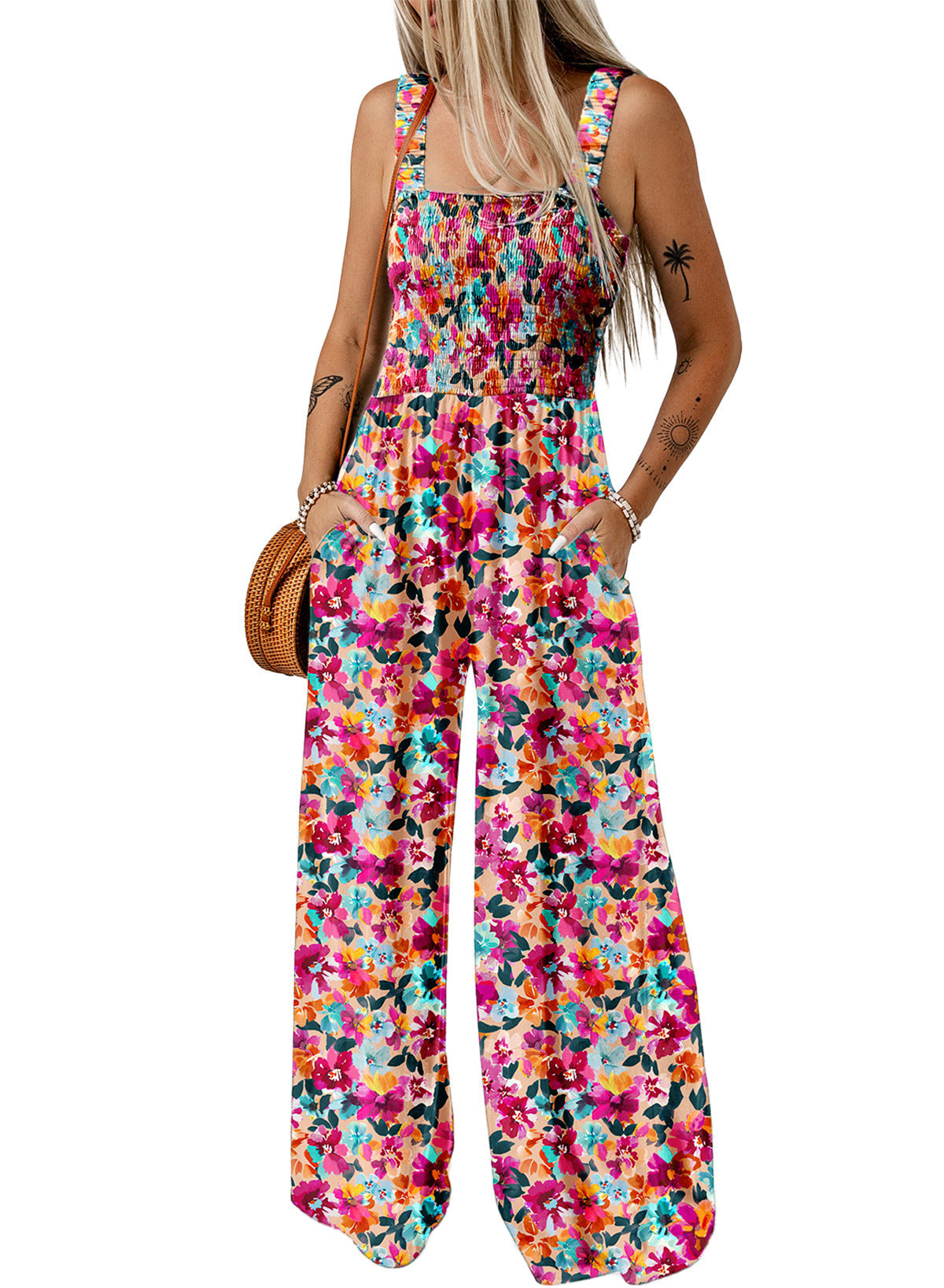 Combinaison pantalon femme à jambes larges fleurie smockée