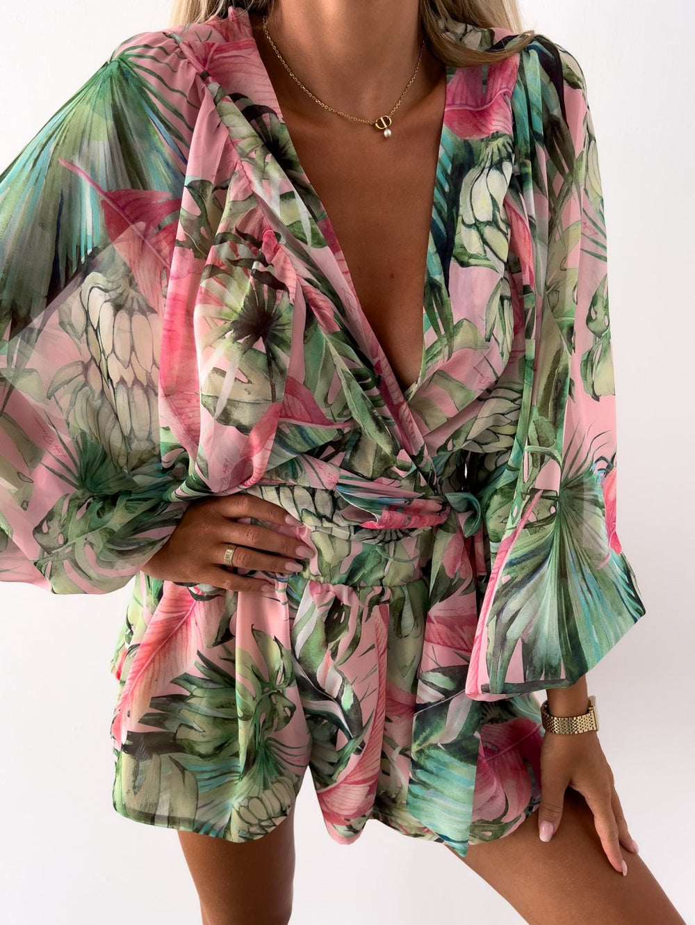 Combishort imprimé tropical, style estival