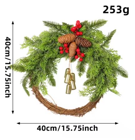 Couronne d’hiver bohème faite main | Cloches, pommes de pin et baies | 43 cm | Intérieur/extérieur