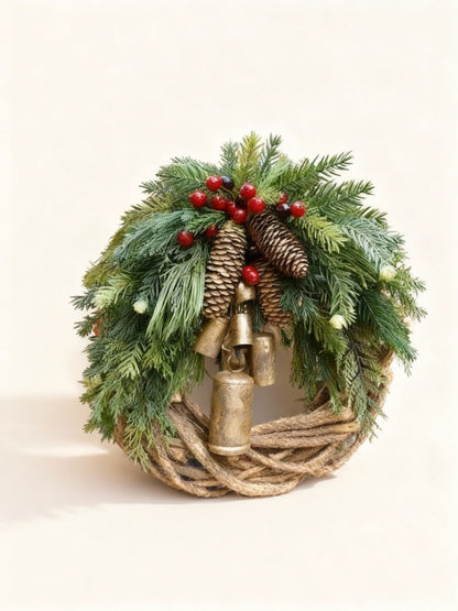 Couronne d’hiver bohème faite main | Cloches, pommes de pin et baies | 43 cm | Intérieur/extérieur