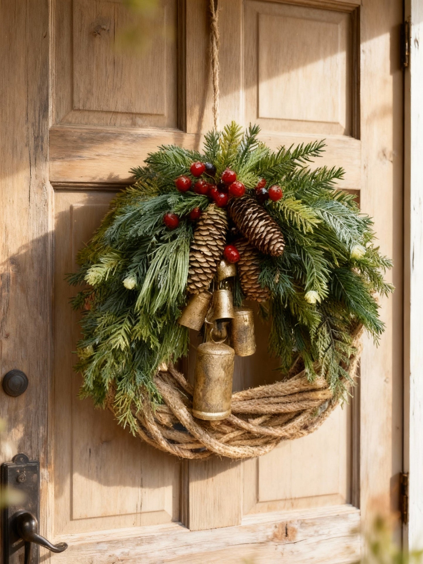 Couronne d’hiver bohème faite main | Cloches, pommes de pin et baies | 43 cm | Intérieur/extérieur