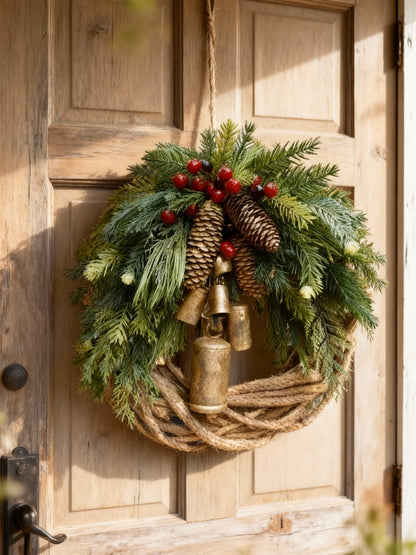 Couronne d’hiver bohème faite main | Cloches, pommes de pin et baies | 43 cm | Intérieur/extérieur