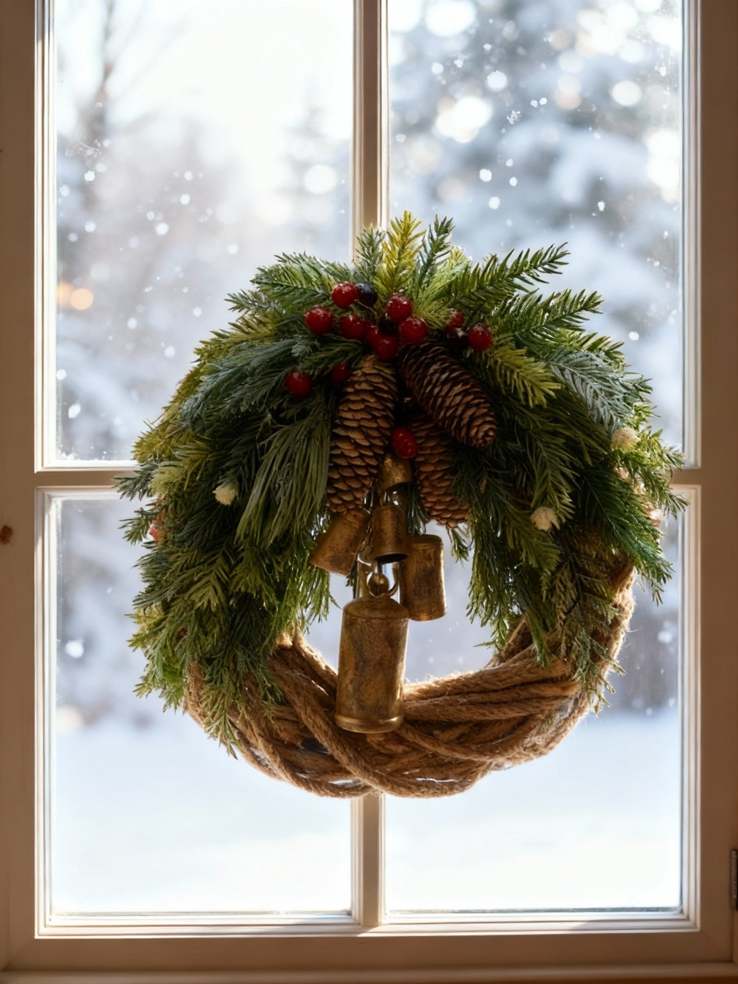 Couronne d’hiver bohème faite main | Cloches, pommes de pin et baies | 43 cm | Intérieur/extérieur