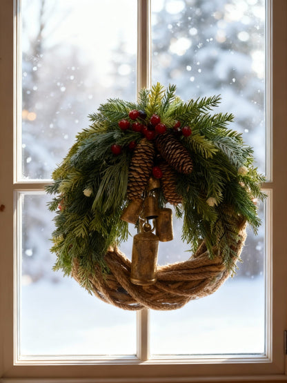 Couronne d’hiver bohème faite main | Cloches, pommes de pin et baies | 43 cm | Intérieur/extérieur